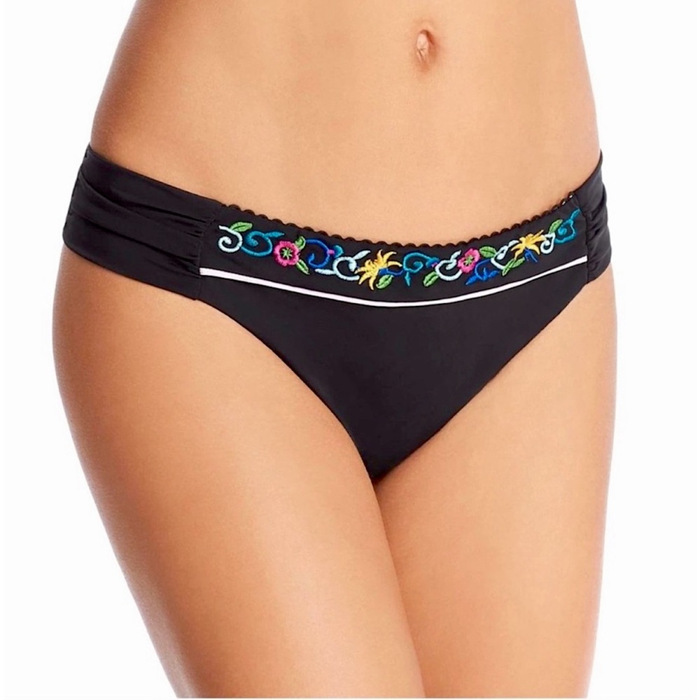 Nanette Lepore Femme Noir Siren Floral Embroidered Tab Side Bikini Bottom Size 8